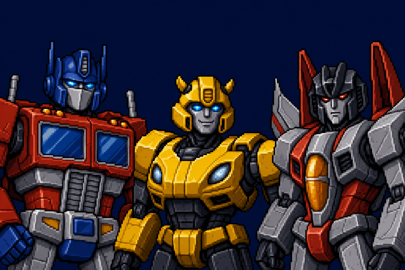 16-bit pixel art banner with Optimus Prime, Bumblebee, and Starscream side by side